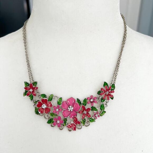 Red & Pink Floral Rhinestone Studded Spring Summer Statement Bib Necklace - Picture 1 of 6